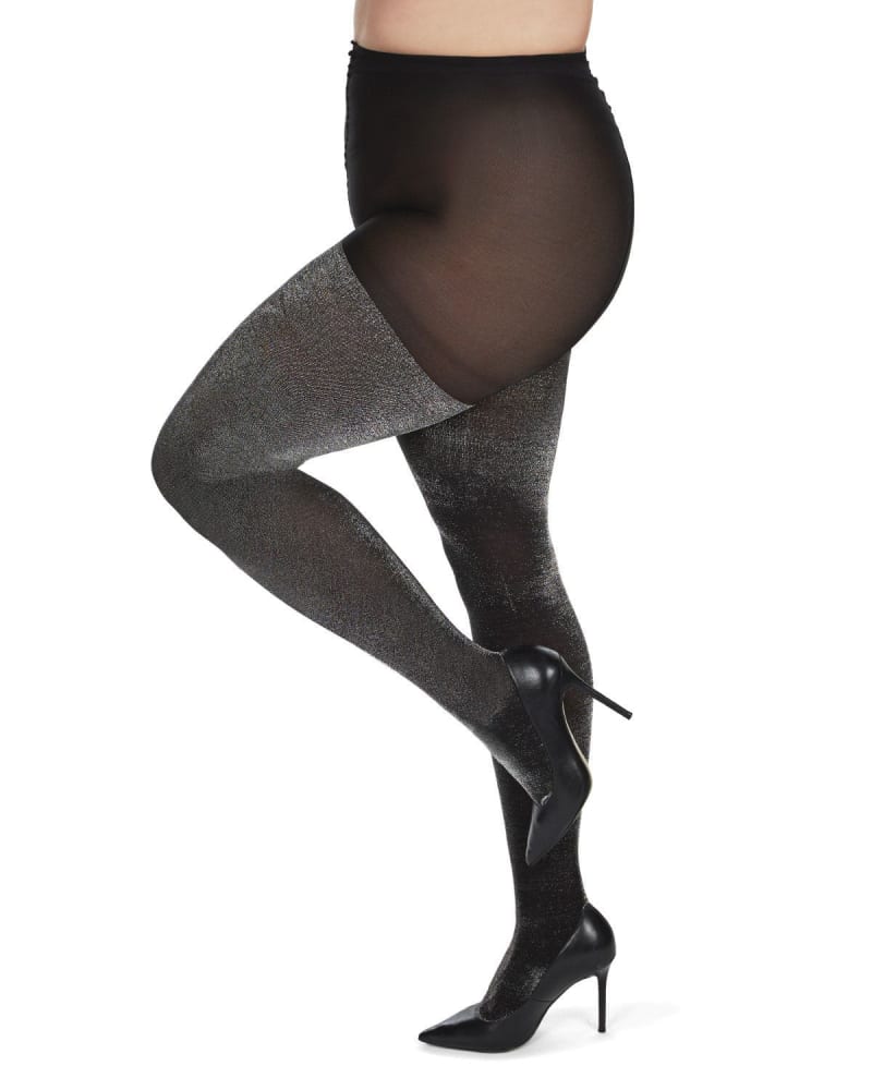 Side of a model wearing a size Q1-2 Liquid Metal Opaque Tights in Black-Silver. by Memoi. | dia_product_style_image_id:300175